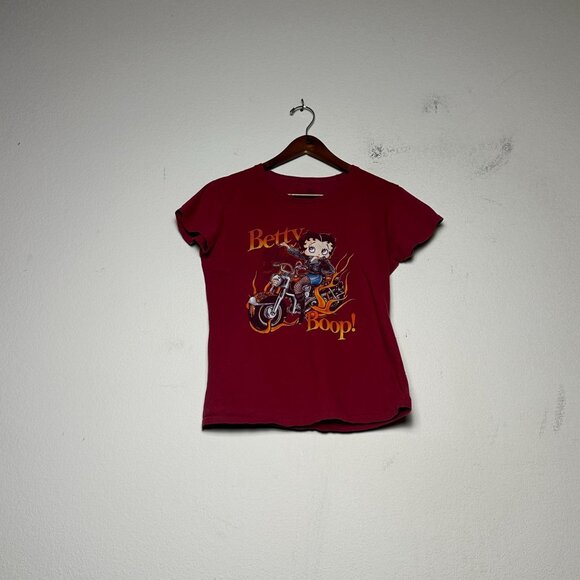 Betty Boop Tops - Biker Betty Boop Cartoon Motorcycle Y2K Flaming Graphic T Shirt Women S Red